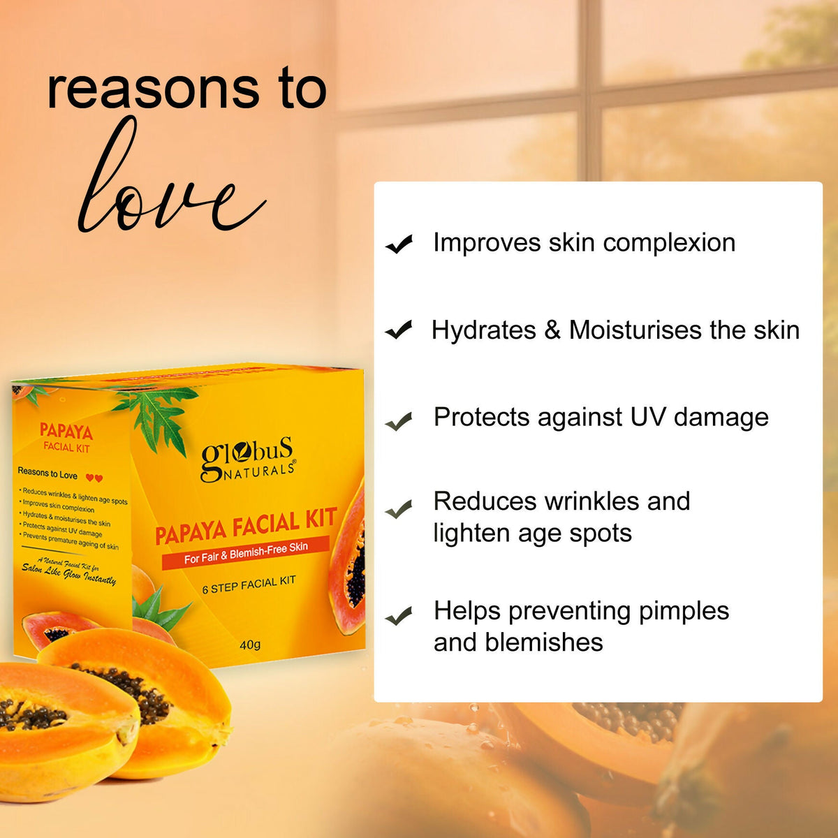 Globus Naturals Papaya Facial Kit For Blemish Free Skin & Anti-Pigmentation, 6 Steps | Grocsy