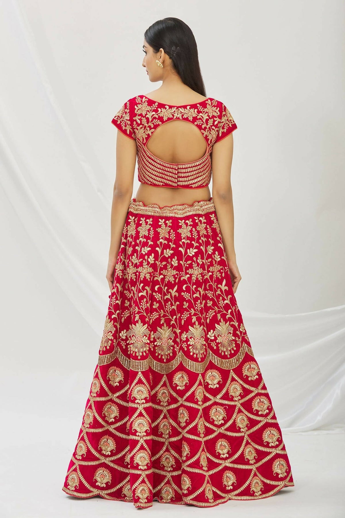 Red Velvet Semi-Stitched Wedding Bridal Lehenga - Nimaya | Grocsy