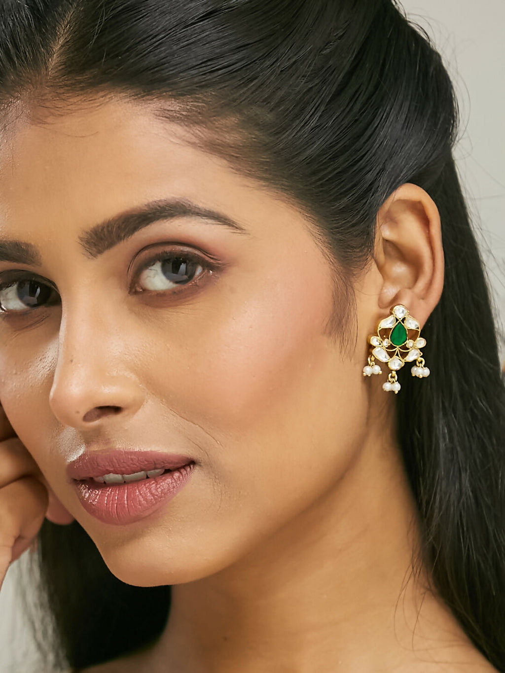 Nuyug 22K Gold-Plated Elegant Kundan & Green Stone Studded Pearl Drops Studs | Grocsy