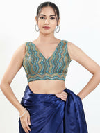 Joban Fashion Blue Multi Silk Padded Blouse With V Neck Sleeveless | Grocsy