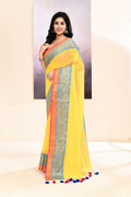 Piyari Fashion Women's Yellow Embellished Zari Border Cotton Saree | Grocsy