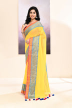 Piyari Fashion Women's Yellow Embellished Zari Border Cotton Saree | Grocsy