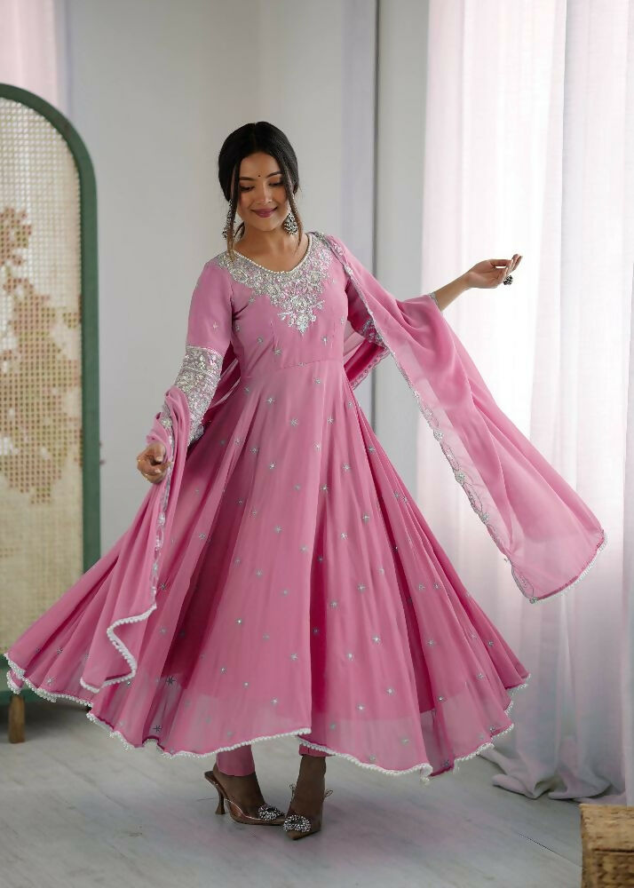 Teeya Creation Baby Pink Color Faux georgette Embroidery Work Wedding Wear Gown | Grocsy