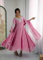 Teeya Creation Baby Pink Color Faux georgette Embroidery Work Wedding Wear Gown | Grocsy