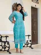Kaajh Women's Sky Blue Printed Chanderi Kurta Pant Set With Dupatta | Grocsy