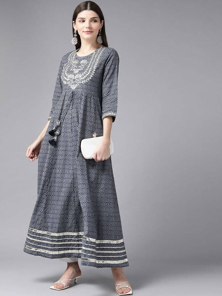 Yufta Women Grey Geometric Printed Mirror Work Kurta | Grocsy
