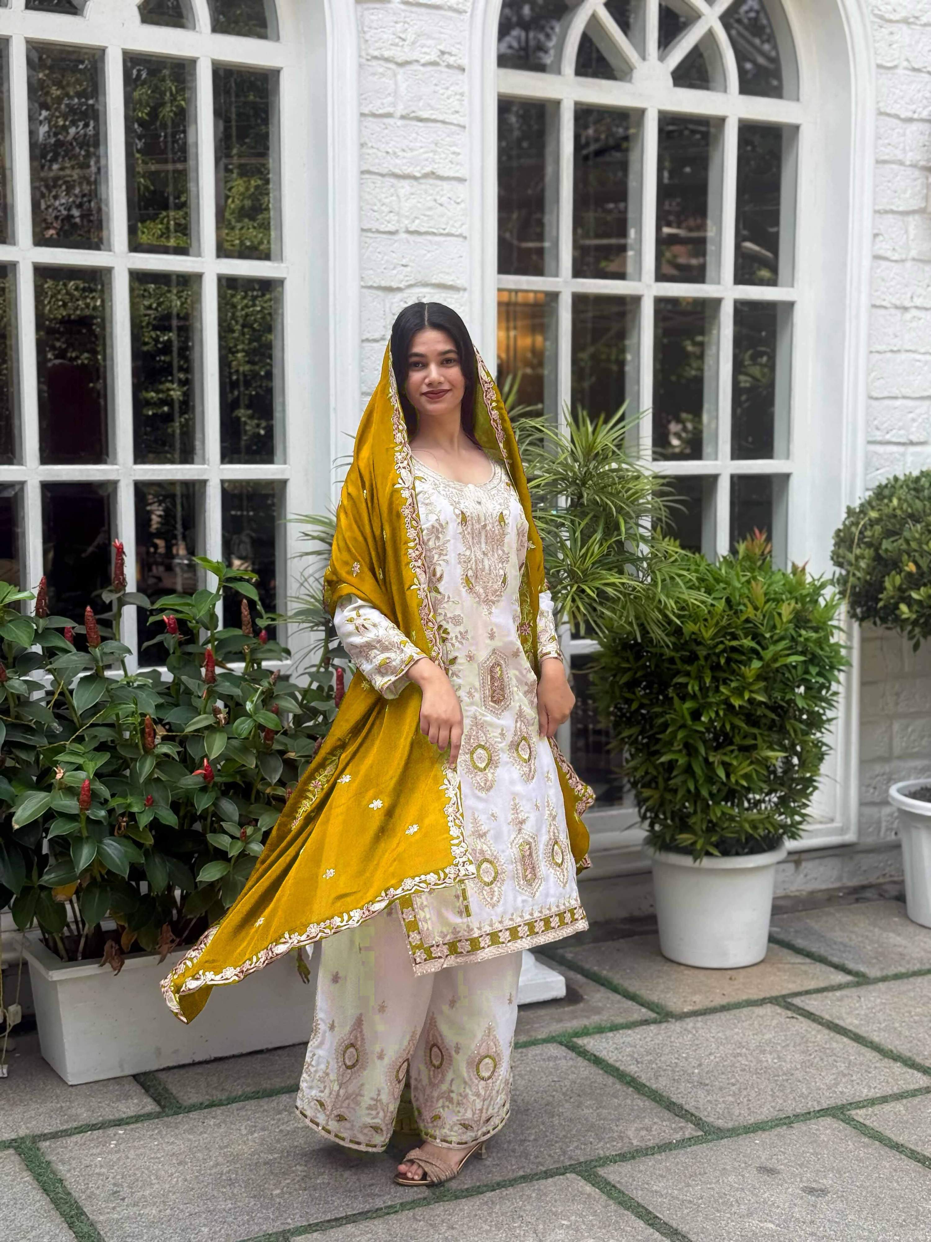 Teeya Creation White Color Chinon Silk Party Wear Trending Palazzo Set | Grocsy