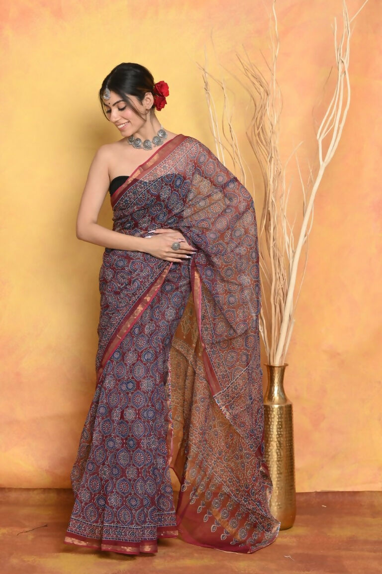 Very Much Indian Pure Kota Cotton Handblock Printed Saree - Grey | Grocsy