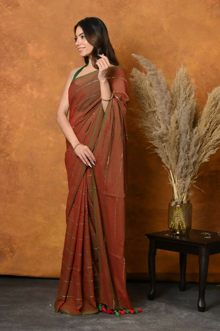 Very Much Indian Designer Mul Cotton Handloom Saree with Sequins - Dual Tone Red Green | Grocsy