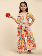 Alakhi Studio Girls Floral Georgette Printed V-Neck Kurta With Sharara - Mustard | Grocsy