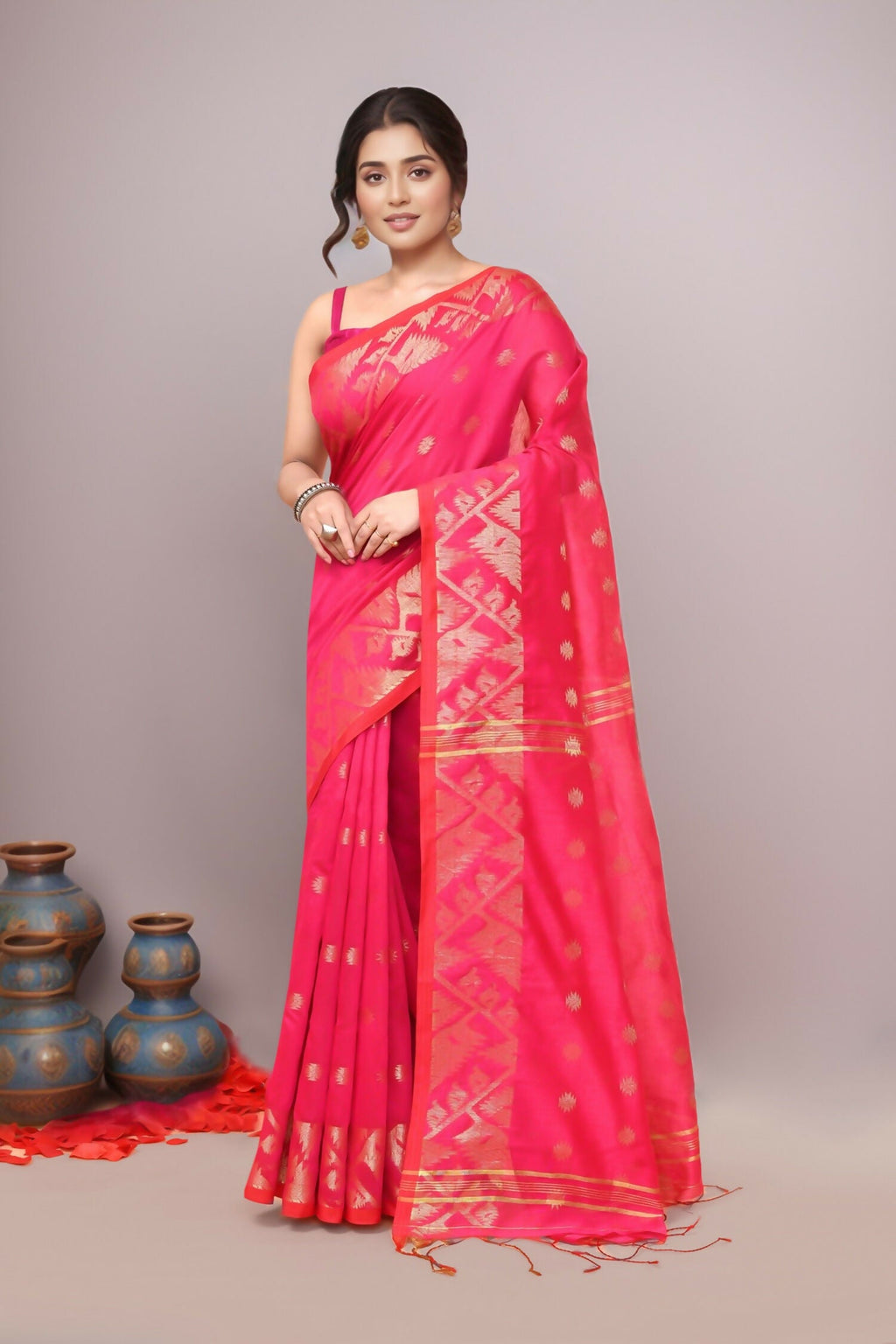 Joban Fashion Pink Cotton Blend Handloom Saree | Grocsy