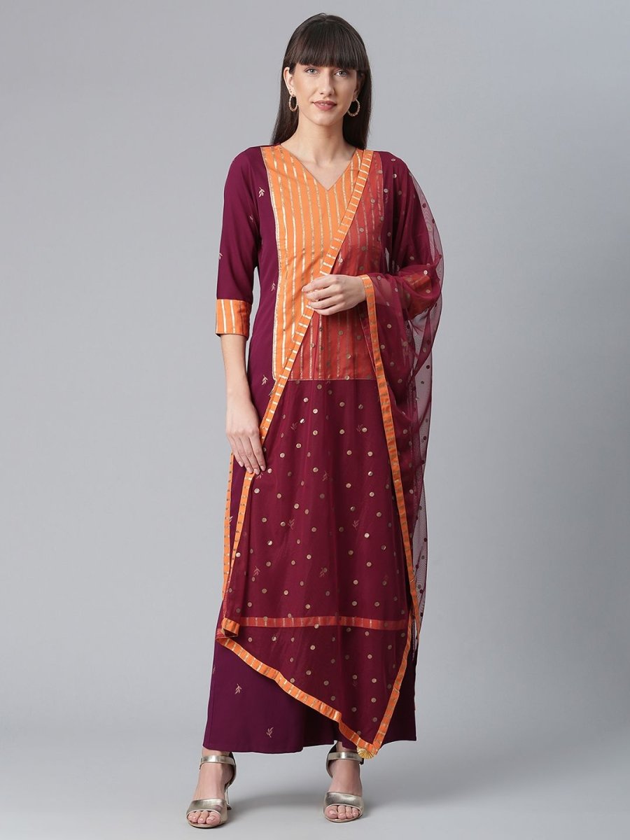Ahalyaa Wine Crepe Solid Kurta Palazzo Set With Printed Dupatta | Grocsy