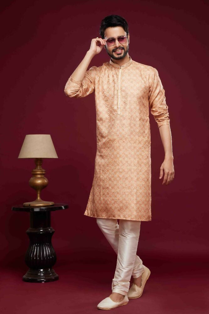 Raivat Ethnic Art Silk Digital Print Pintux Work Kurta Pajama In Peach Colour | Grocsy