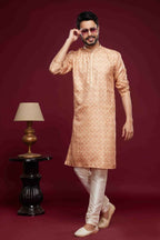 Raivat Ethnic Art Silk Digital Print Pintux Work Kurta Pajama In Peach Colour | Grocsy