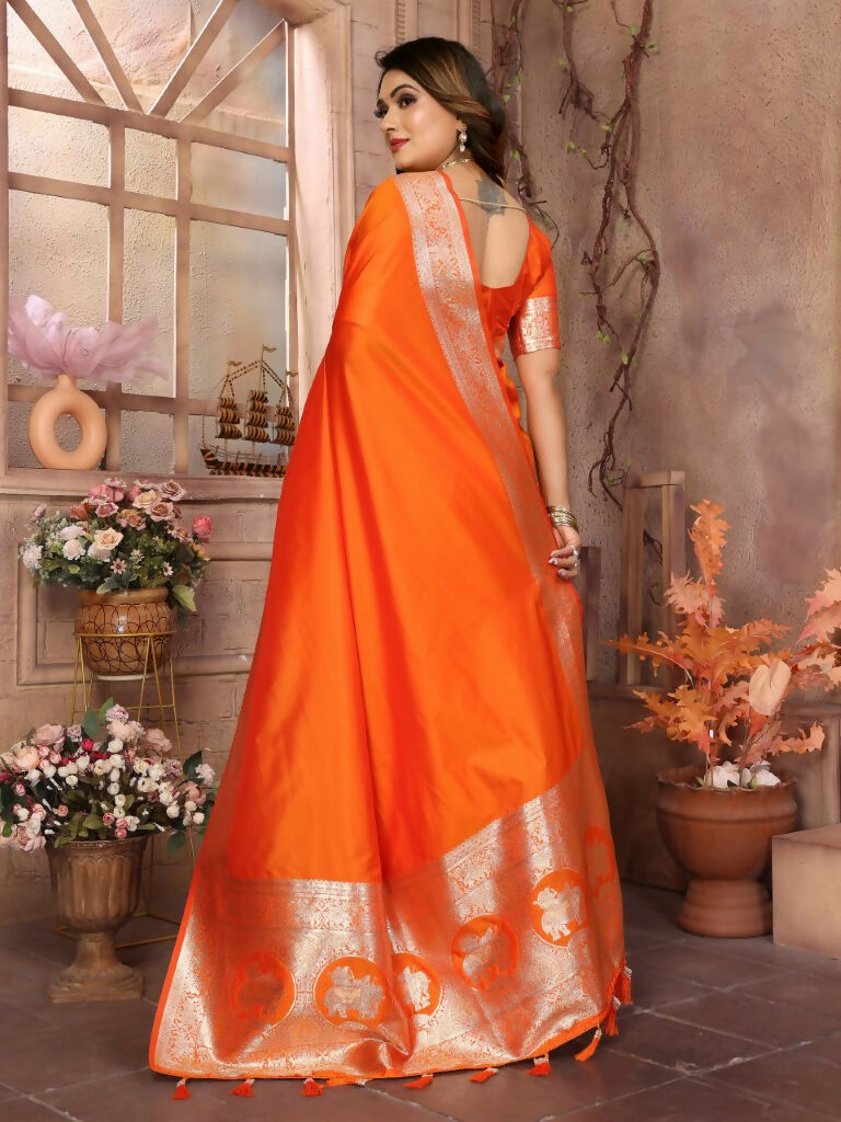 Anaita Dark Orange Banarasi Silk With Beautiful Gala Weaving Saree With Blouse | Grocsy