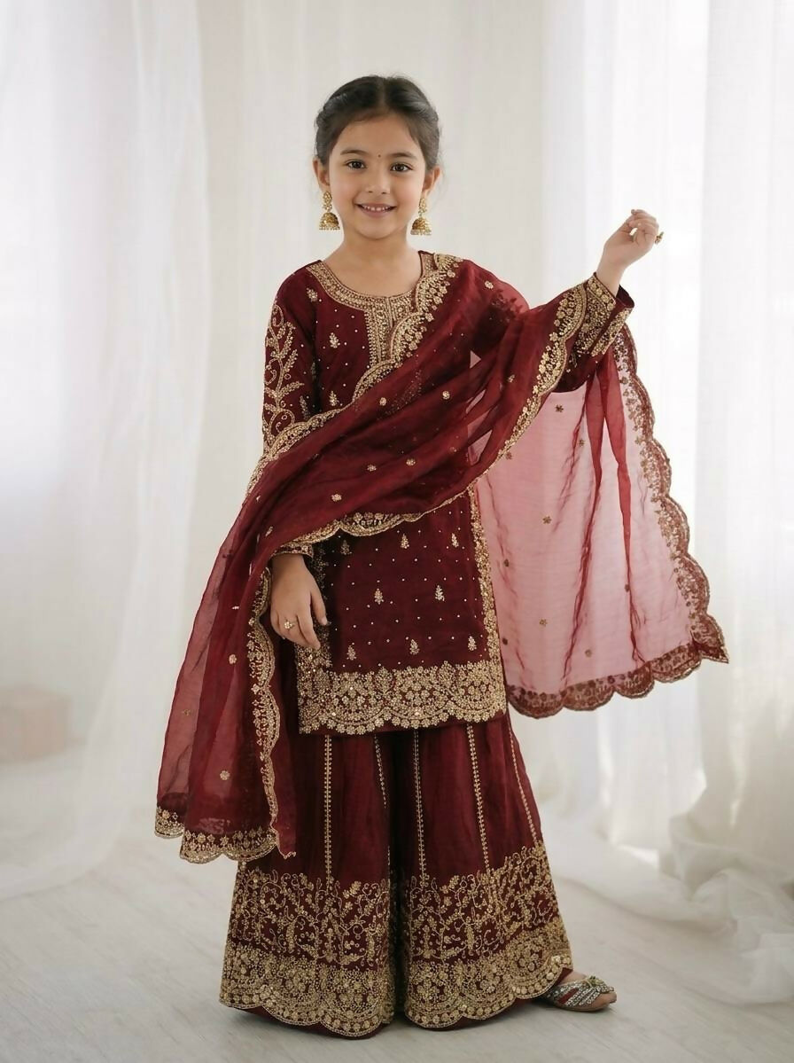 Teeya Creation New Trendy Fully Stitched Ready to Wear Kids Kurta Palazzo Set-Maroon | Grocsy