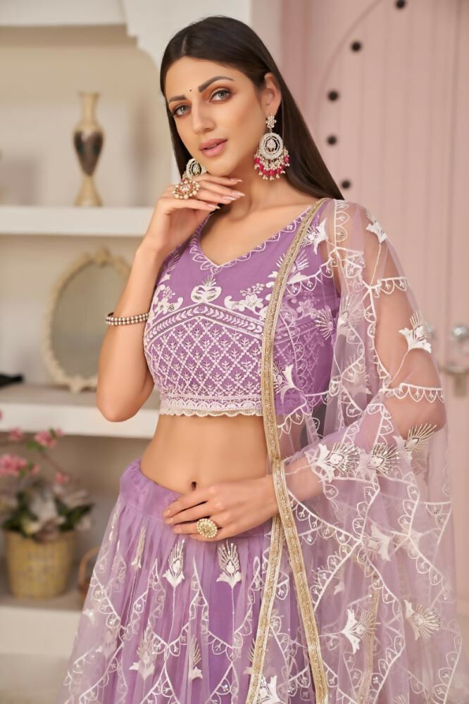 Aastha Fashion Lavender Butterfly Net White Cotton Thread Work, Zari Work And Sandwich Sequence Work Embroidery Wedding Wear Lehenga Choli | Grocsy