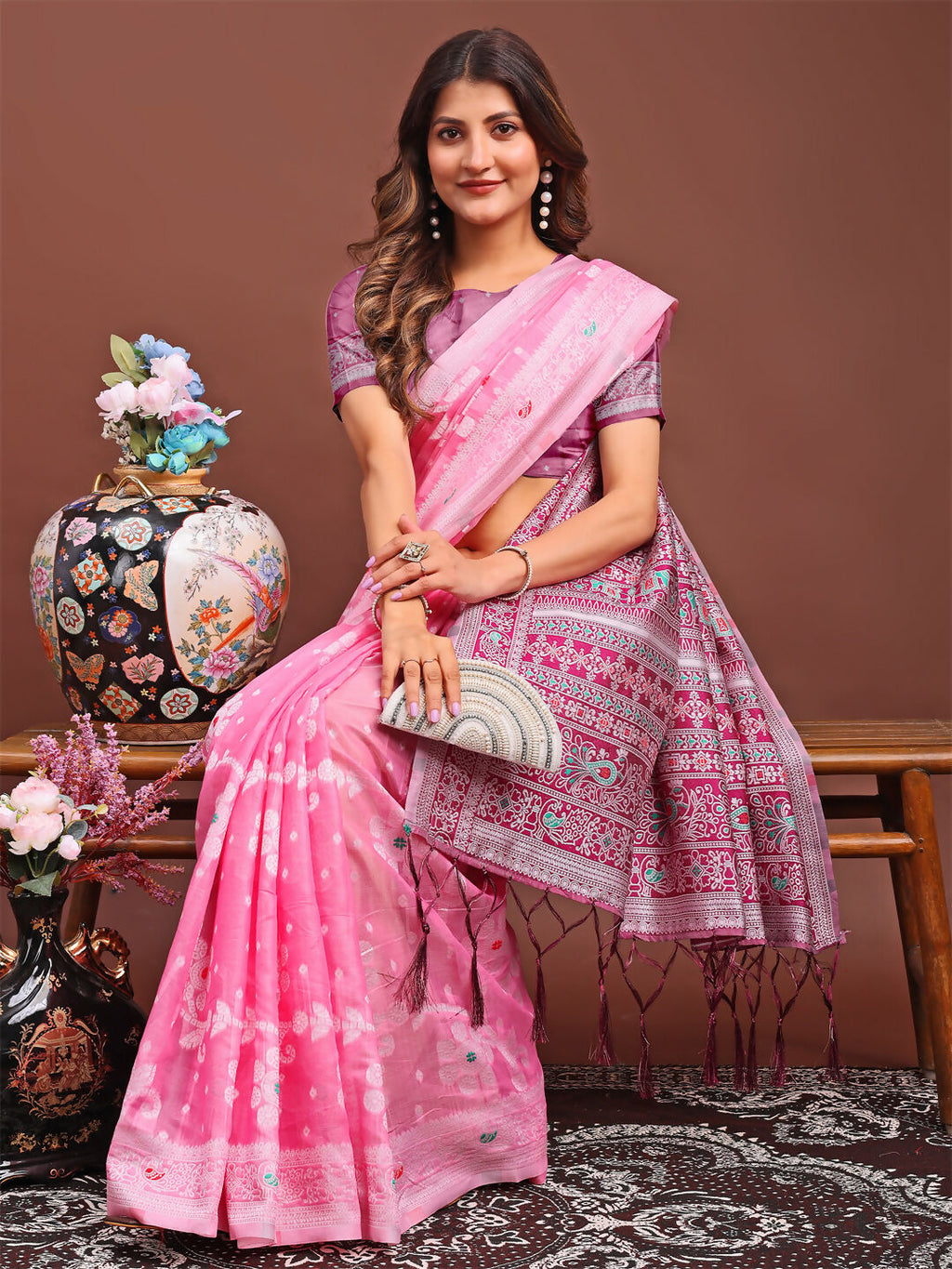 Shree Shyam Fashion Anaya Pink Linen Cotton Saree | Grocsy