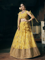 Wedding Designer Sequene Zari Resham Embroidery Yellow Net Lahengha Choli - Anbazaar | Grocsy