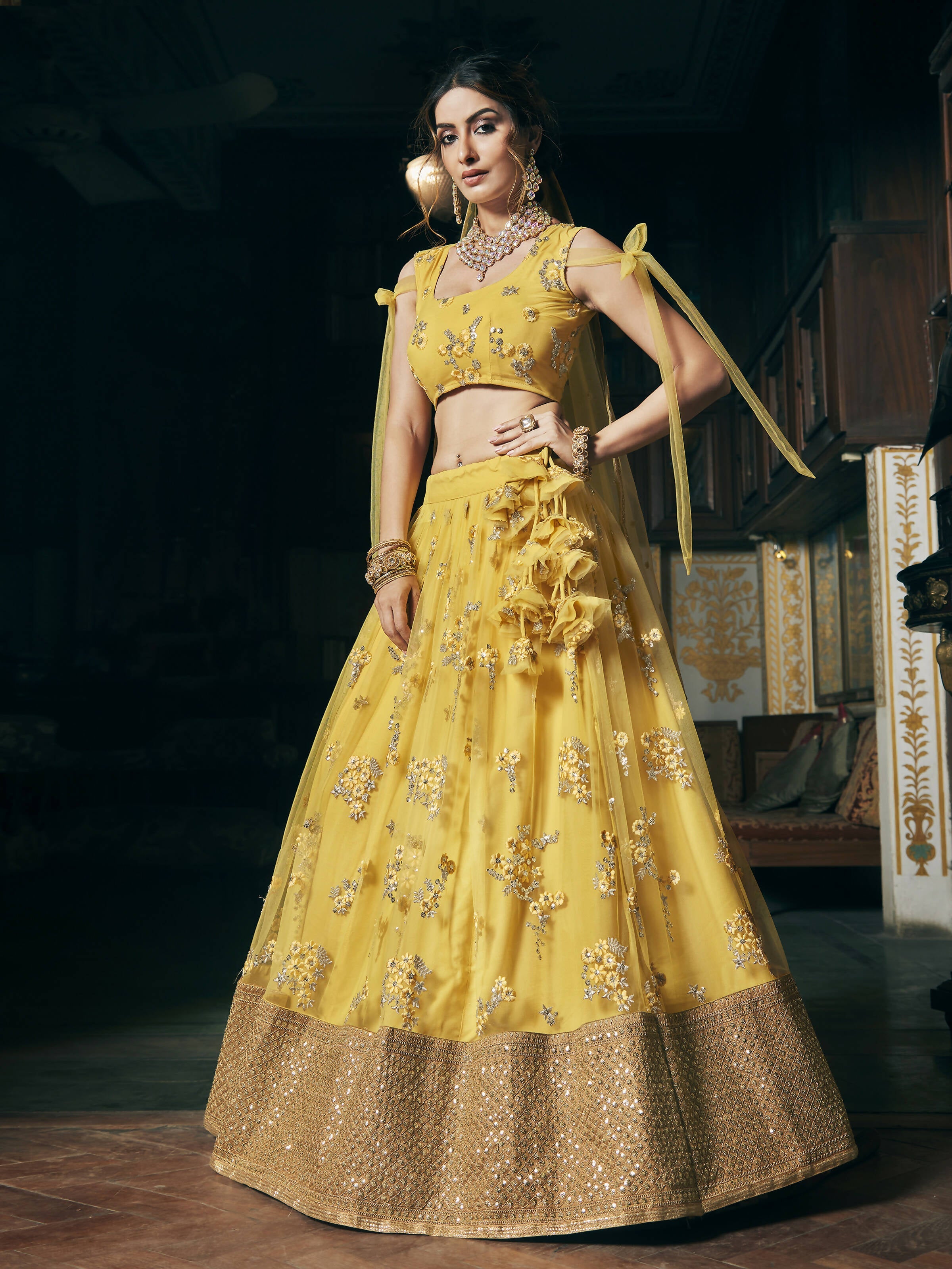 Wedding Designer Sequene Zari Resham Embroidery Yellow Net Lahengha Choli - Anbazaar | Grocsy