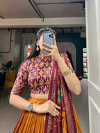 Vastranavya Stunning Look Tussar Silk Printed With Foil Work Indian Lehenga Choli - Mustard | Grocsy
