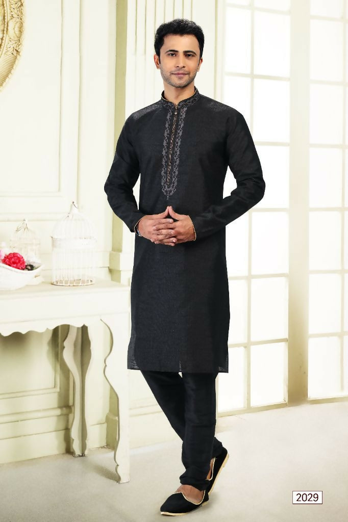 Raivat Ethnic Jacquard Banarasi Silk Thread Work Kurta Pajama In Black Colour | Grocsy