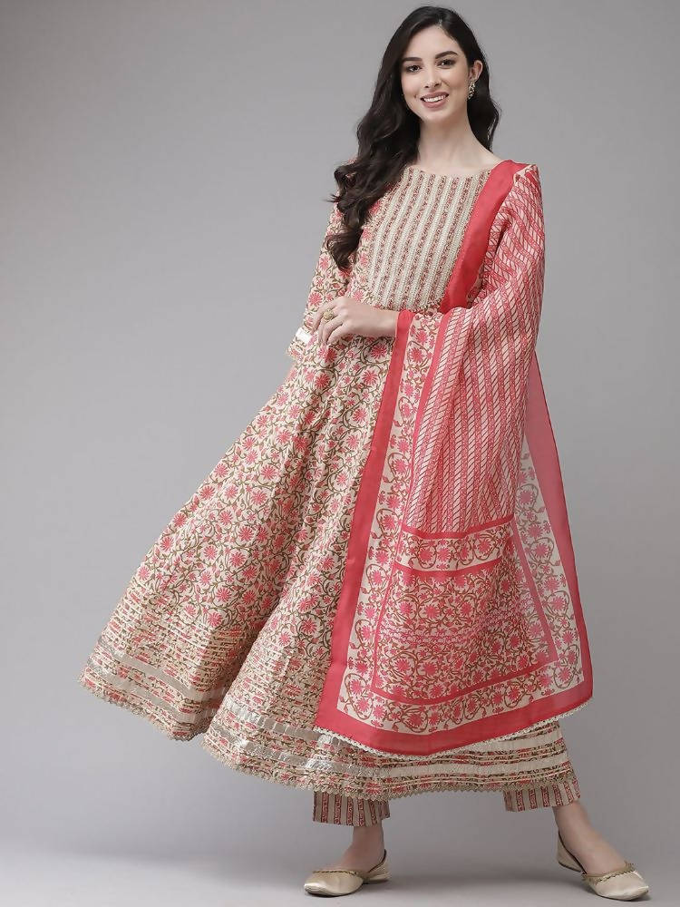 Yufta Women Pink Printed Kurta with Trouser and Dupatta Set | Grocsy