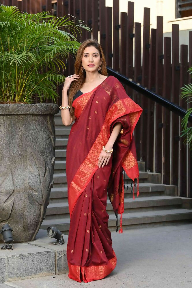 Beatitude Red Cotton Banarasi Saree | Grocsy