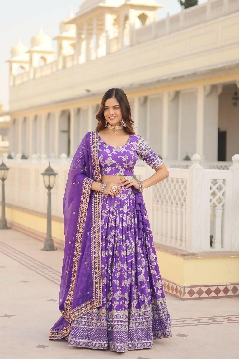 Vastranavya Designer Dyeable Pure Viscose Jacquard Fabric Lehenga Choli & Dupatta Set - Purple | Grocsy