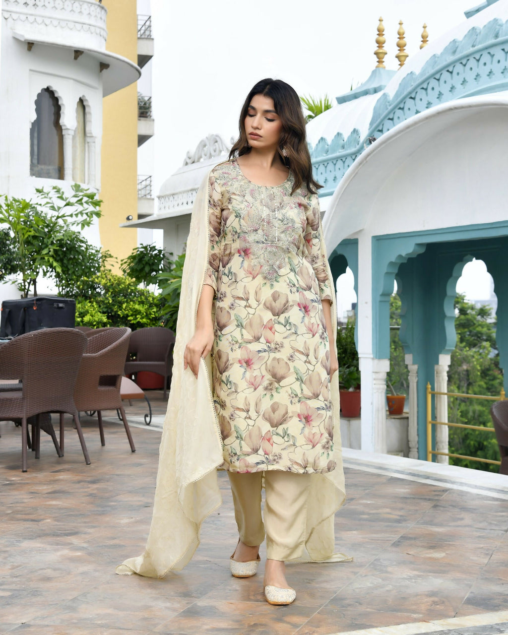 Vaasva Women's Cream Tissue Embroidered Suit Set With Solid Pant And Embroidered Dupatta | Grocsy