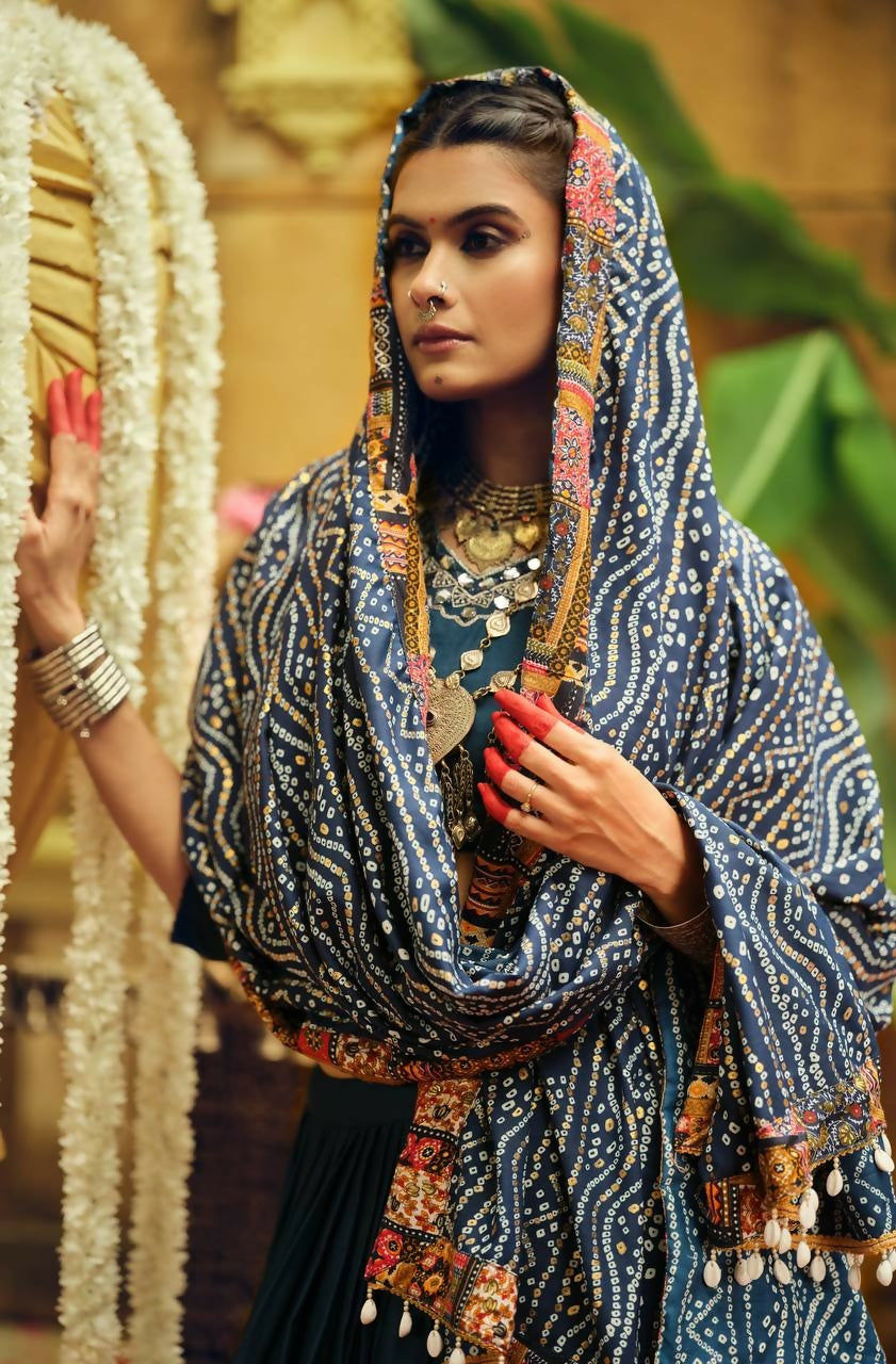 Teeya Creation Teal Colour Rayon Silk Digital Print Fully Stitched Navratri Lehenga | Grocsy