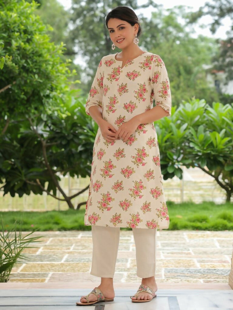 Aramya A-line Linen Cotton Floral Print Women's Kurta - Pink | Grocsy