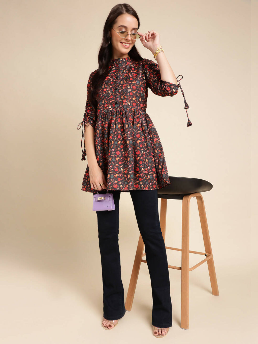 Black Poly Rayon Digital Printed A-line Top - Tarini | Grocsy