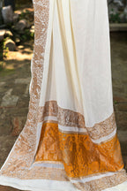 Joban Fashion Cream Crepe Chiffon Pure Handloom Banarasi Silk Saree | Grocsy