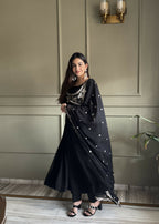 Teeya Creation Black Color Faux Georgette Heavy Embroidery Work Functional Wear Long Gown | Grocsy