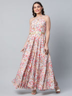 Ahalyaa Women Crepe Printed Classic White Romantic Florals Dress | Grocsy
