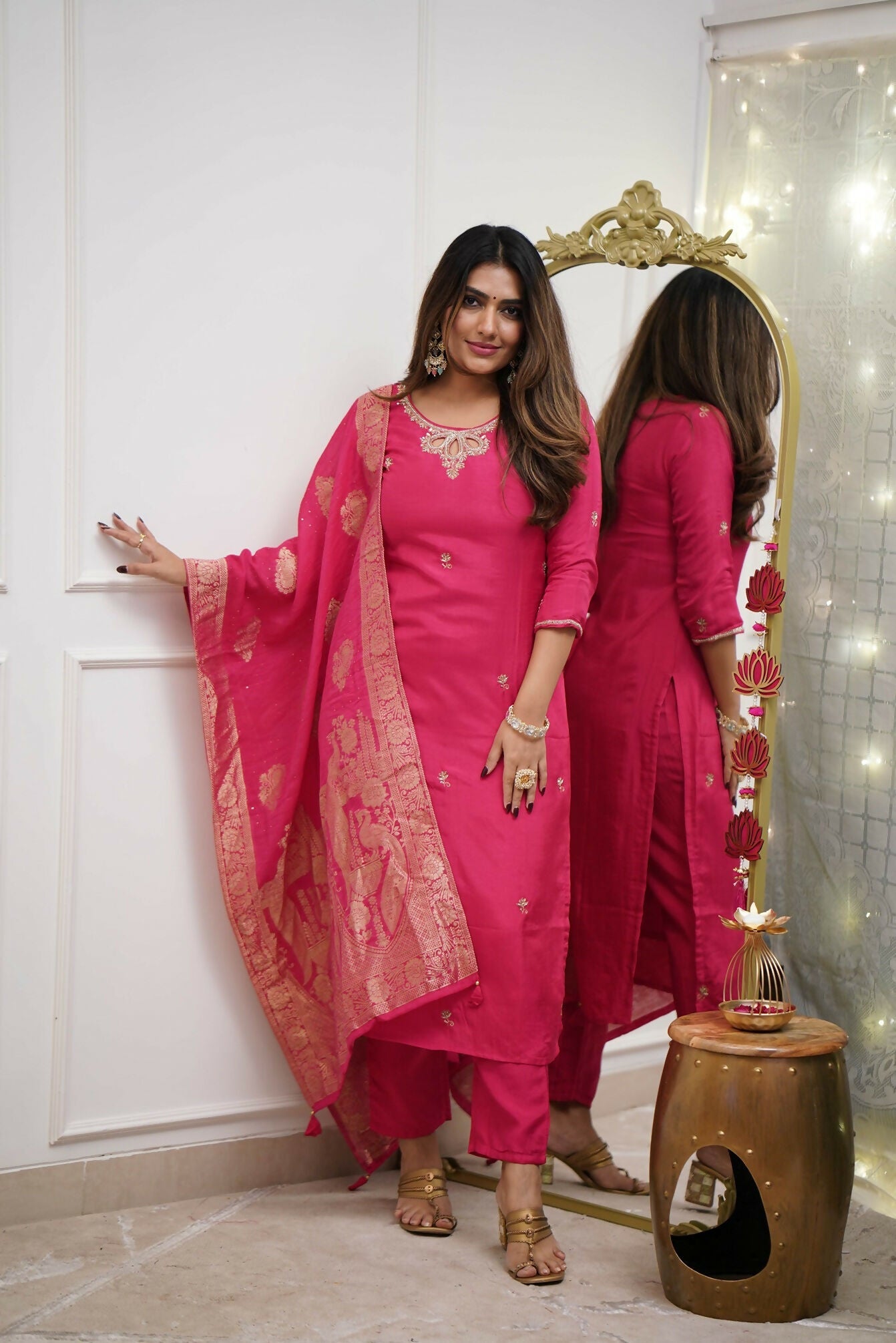 The52 Gajri Women's Gorgeous Embroidered Viscose Chanderi Fabric Straight Kurta Pant with Dupatta Set | Grocsy