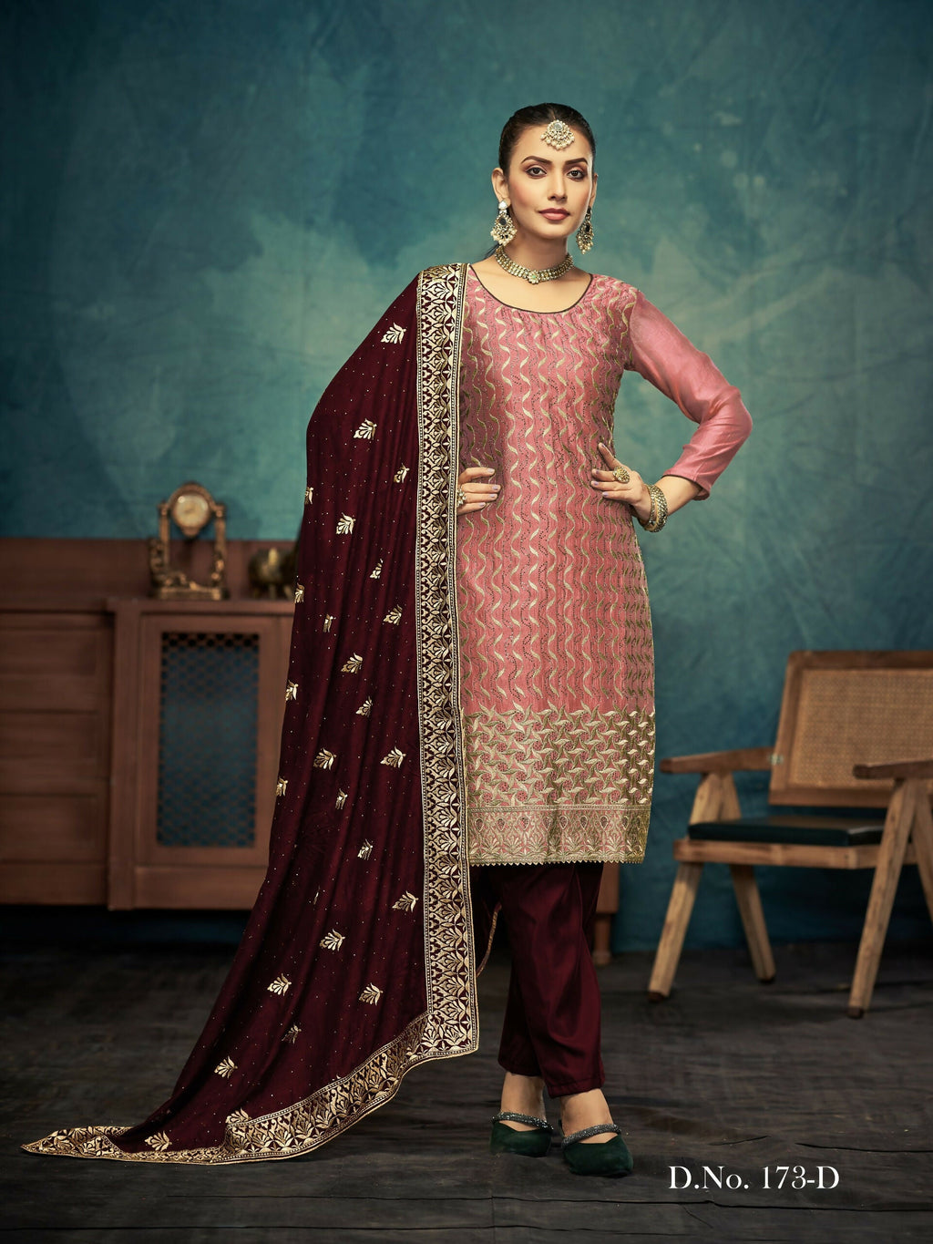 Anaita Peach Premium Embroidered with servos waki diamond Vichitra Silk Stitched Salwar Suit | Grocsy