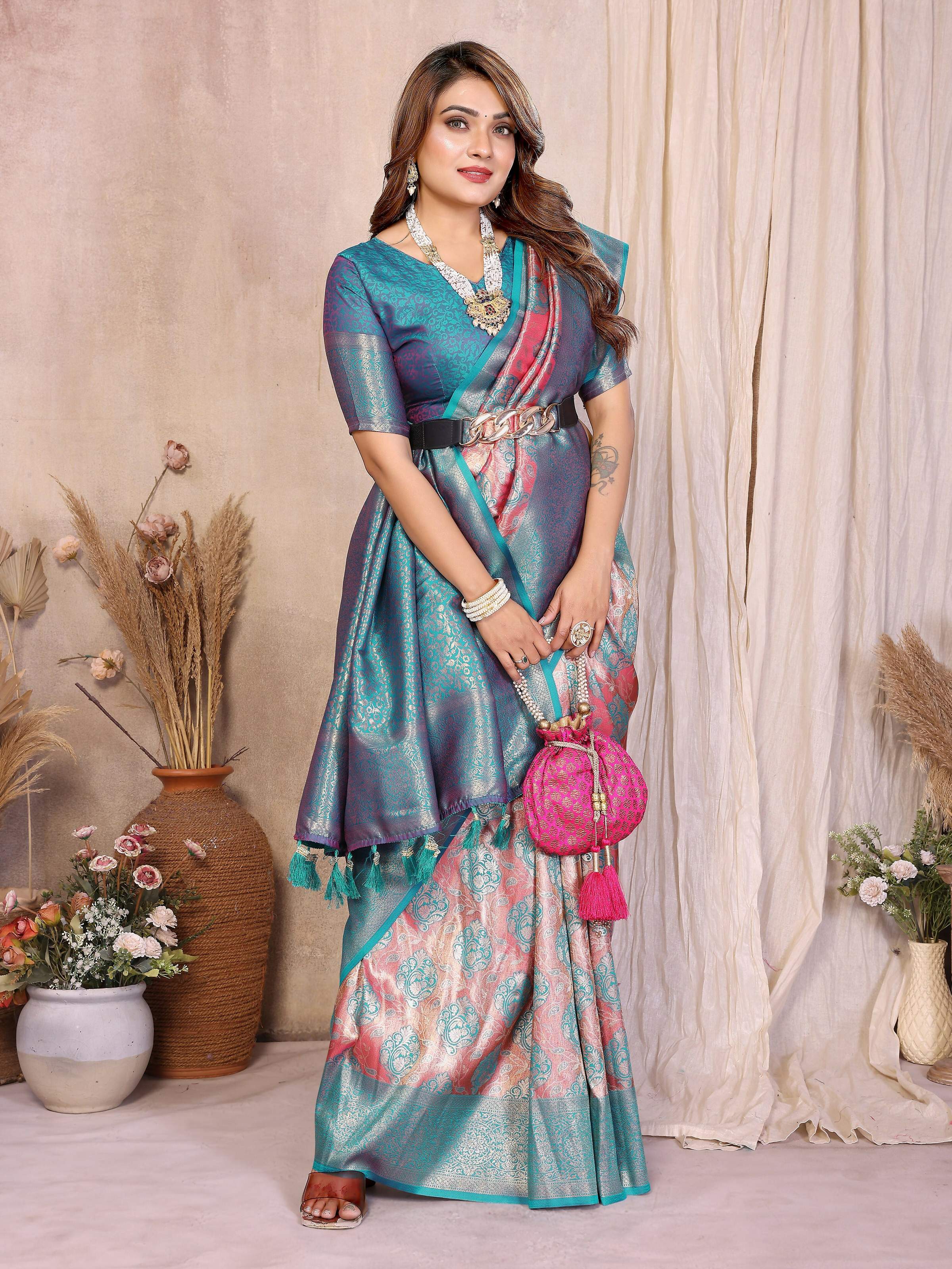 Aastha Fashion Aqua Banarasi Tissue Silk Weaving Saree | Grocsy