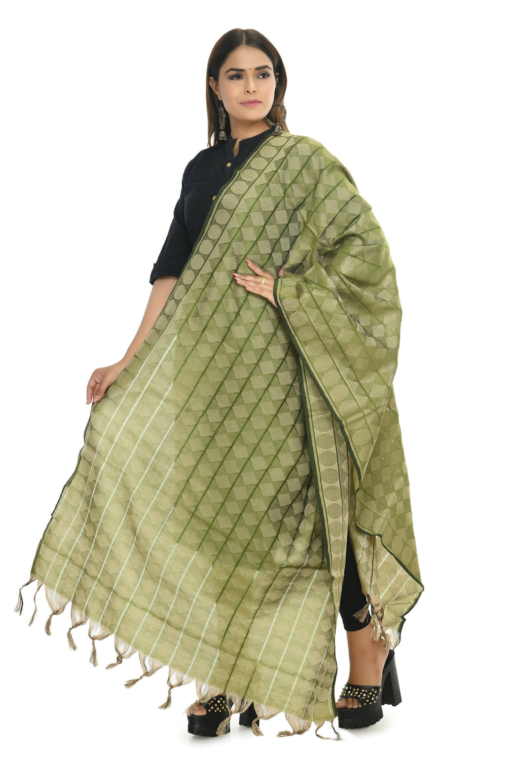 Mominos Fashion Moeza Handloom Cotton Mehendi Green Dupatta | Grocsy