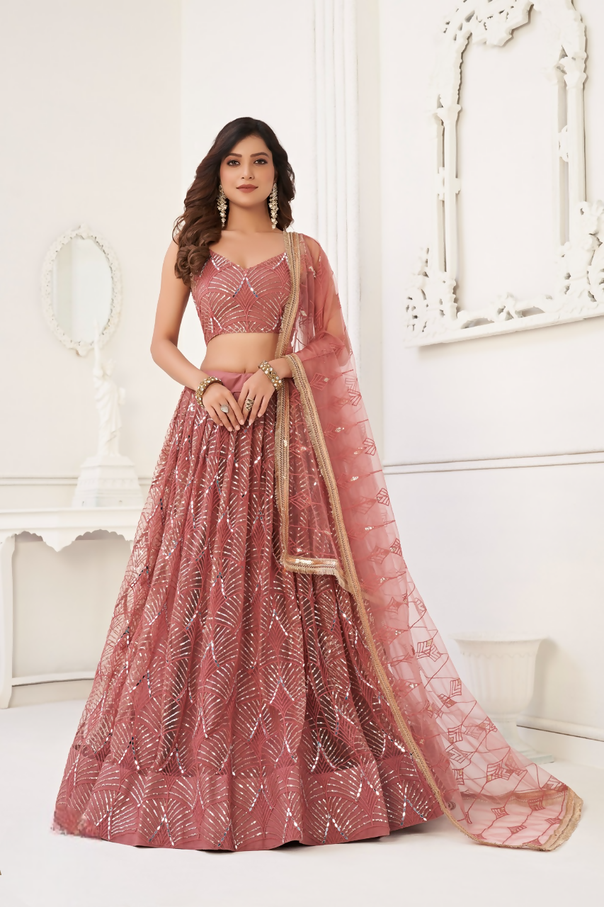 Eilara Glamorous Onion Pink Net With Sequins And Thread Embroidery Real Mirror Work Lehenga Choli For Wedding | Grocsy