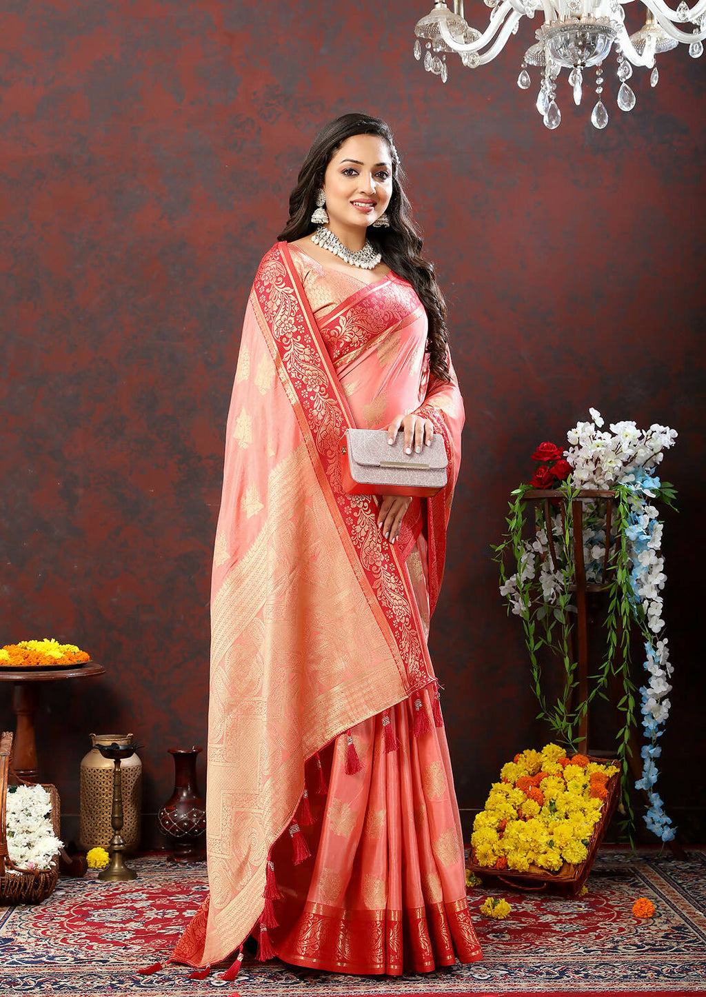 Lorenvalley Fashion Peach Cotton Woven Design with Zari Weaving Design Saree | Grocsy