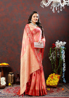 Lorenvalley Fashion Peach Cotton Woven Design with Zari Weaving Design Saree | Grocsy