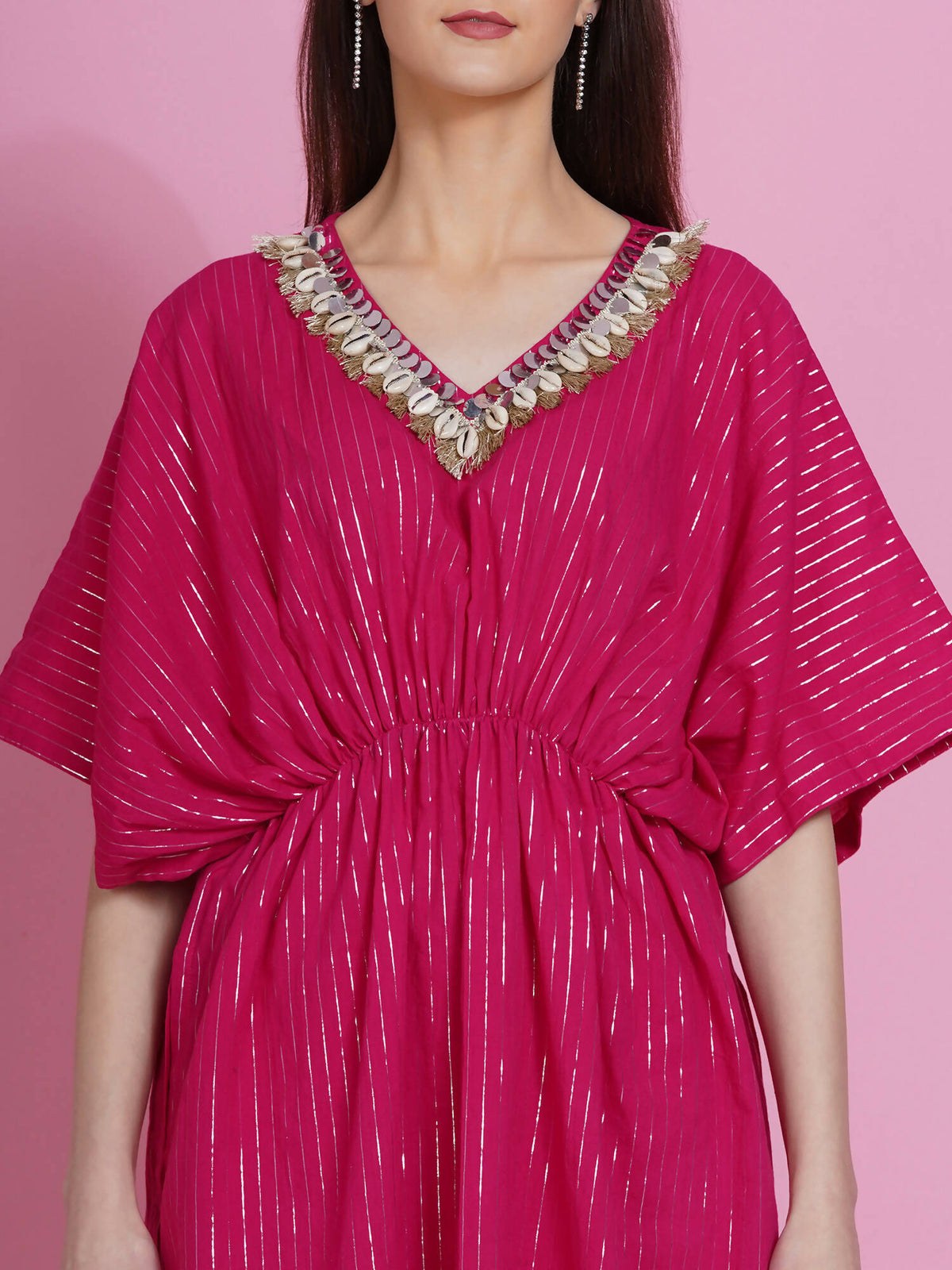 Women Republic Pink Lurex Cotton Kaftan Style Kurta With Pants | Grocsy