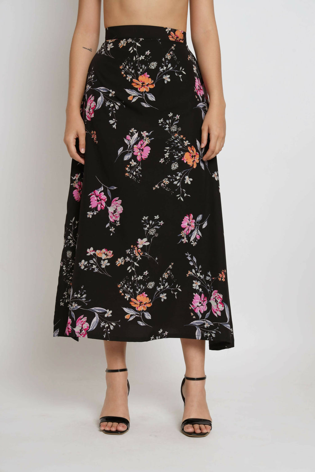 Black Crepe Floral Printed Top with Matching Skirt - Shivani | Grocsy