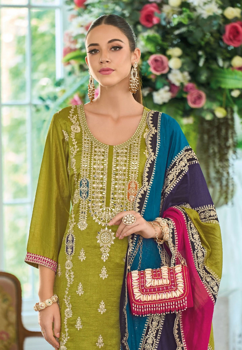 Anaita Green Premium Embroidered Chinon Stitched Salwar Suit | Grocsy