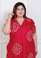 Miravan Plus Size Womens Red Bandhani Printed Collar Neck Maxi Dress | Grocsy