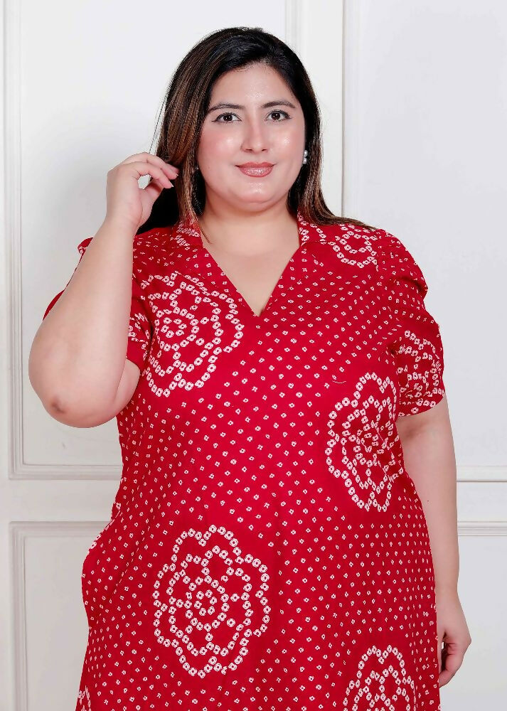 Miravan Plus Size Womens Red Bandhani Printed Collar Neck Maxi Dress | Grocsy