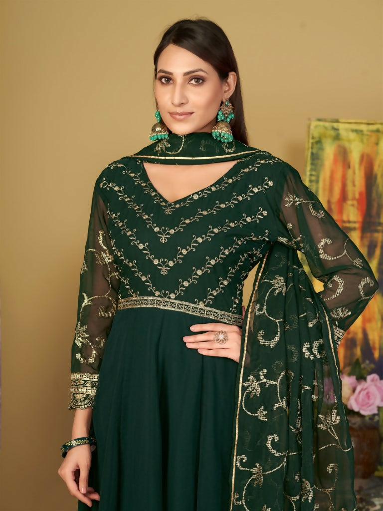 Jyoti Fashion Women's Bottle Green Georgette Embroidered Anarkali Kurta Pant Set With Dupatta | Grocsy
