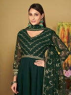 Jyoti Fashion Women's Bottle Green Georgette Embroidered Anarkali Kurta Pant Set With Dupatta | Grocsy